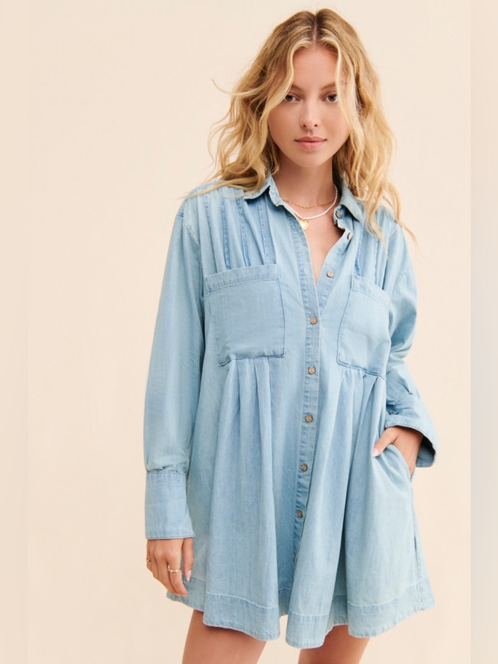 Free People The Denim Voyage Long Sleeve Mini Shirt Dress Light Wash Denim